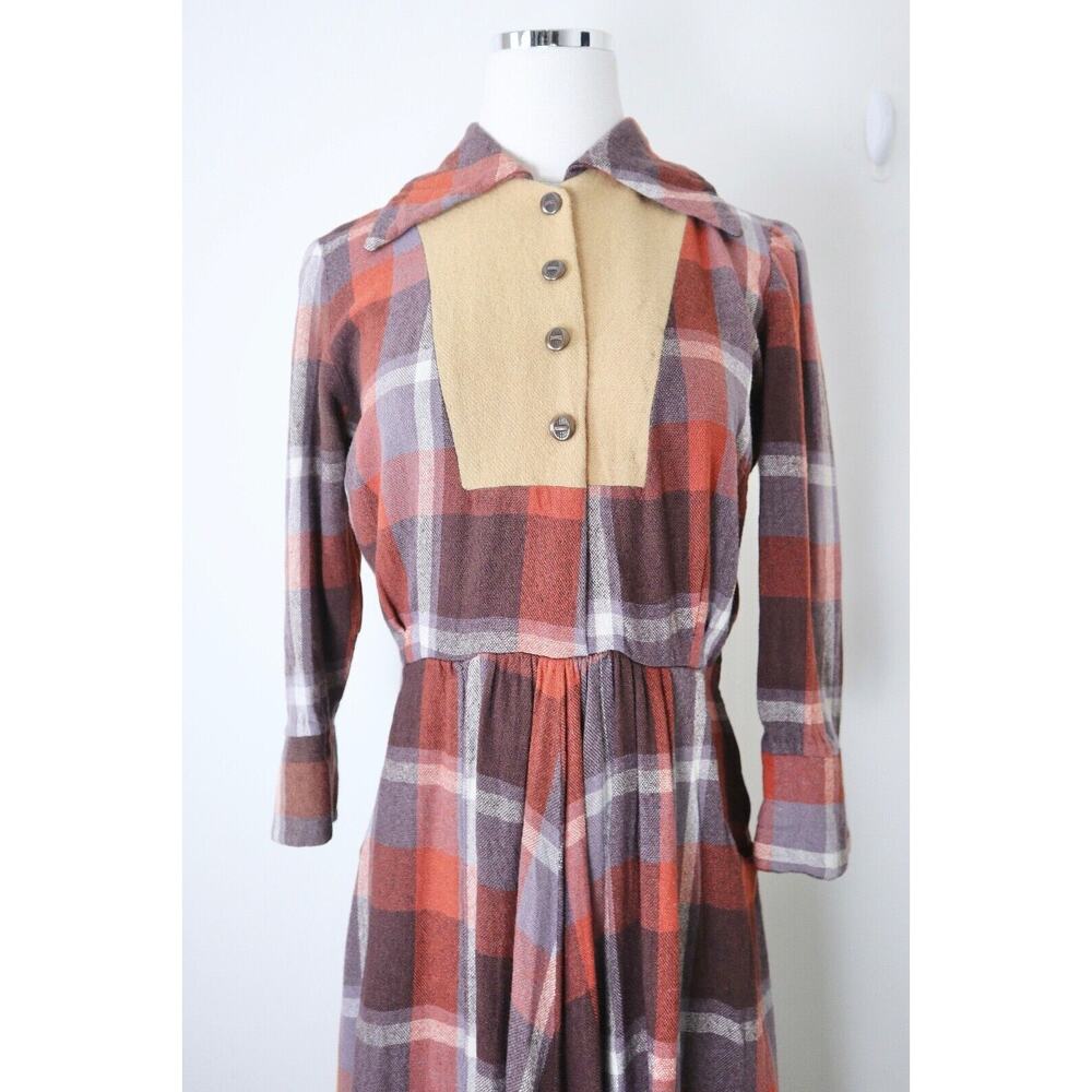 Vintage 1970s Wool Tartan Collared Dress Button Front Plaid Check Brown Orange - Picture 2 of 12
